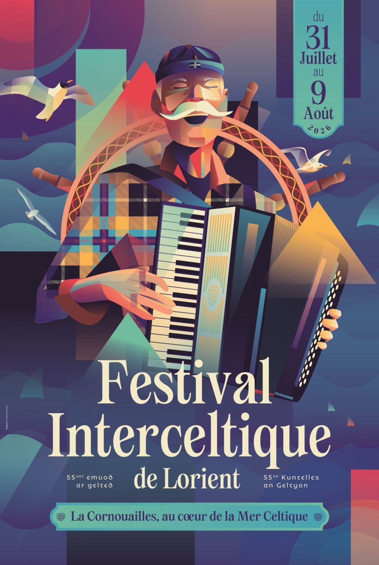 Affiche du Festival Interceltique de Lorient 2026, du 31 juillet au 6 août, année de La Cornouailles, au cœur de la Mer Celtique - ©FIL Affiche du Festival Interceltique de Lorient 2026, du 31 juillet au 6 août, année de La Cornouailles, au cœur de la Mer Celtique