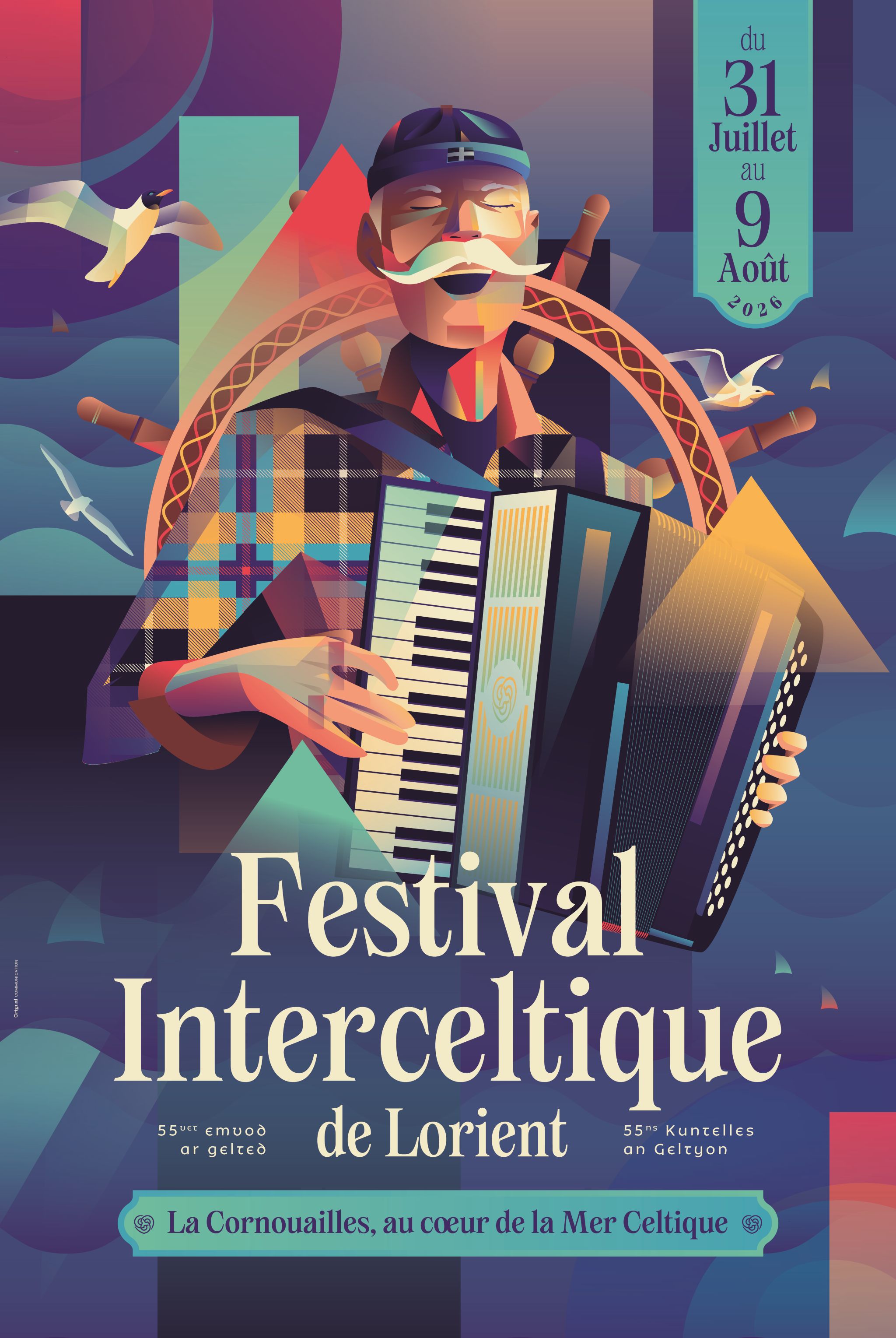 Affiche du Festival Interceltique de Lorient 2026, du 31 juillet au 6 août, année de La Cornouailles, au cœur de la Mer Celtique