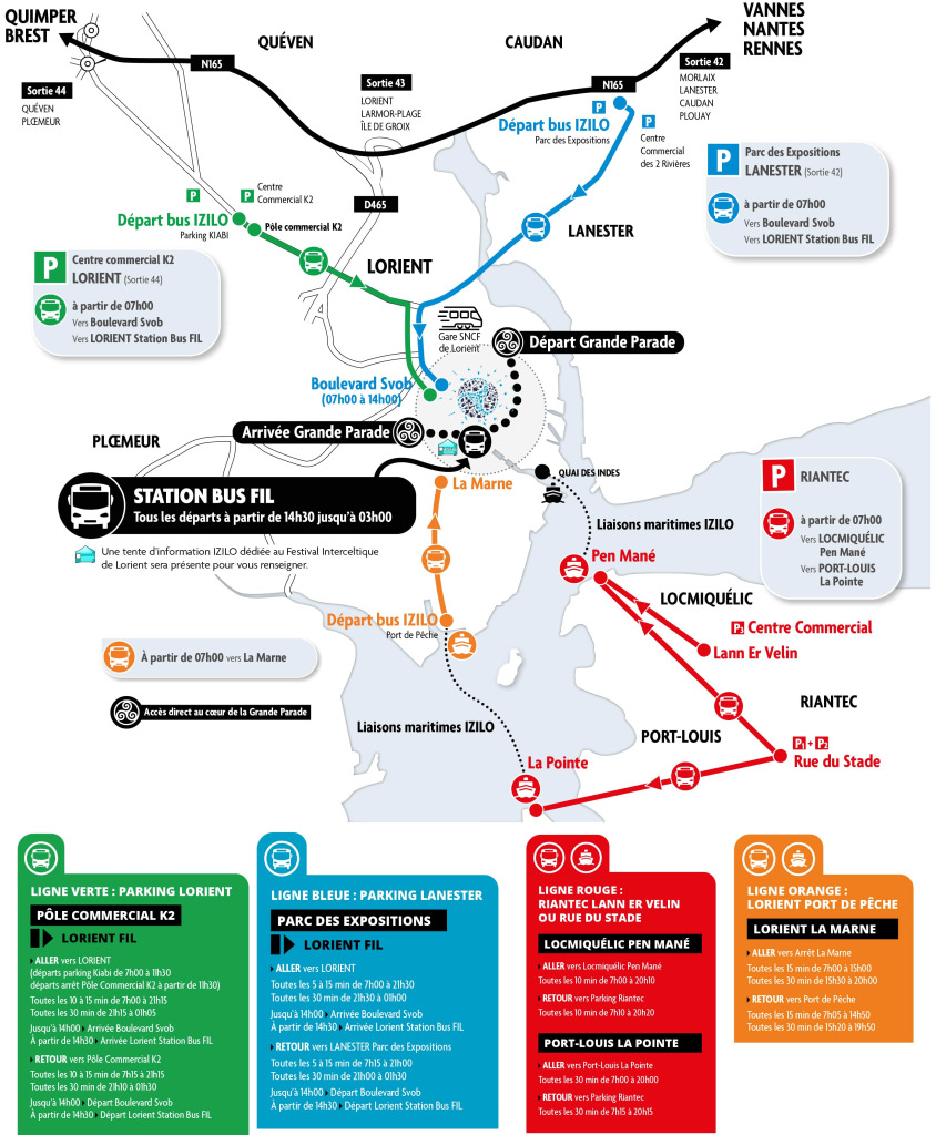 Dispositif de transports en commun pour la Grande Parade pendant le Festival Interceltique de Lorient 2023 (Morbihan)