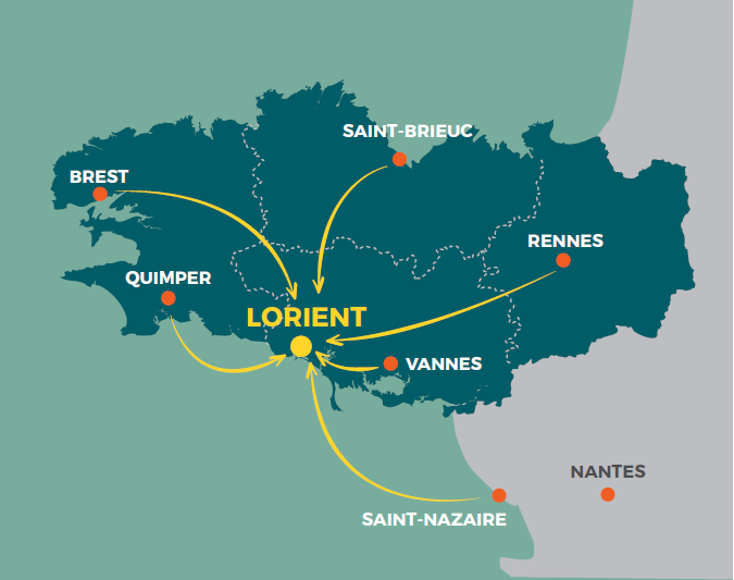 Carte de la Bretagne et localisation de Lorient Bretagne Sud