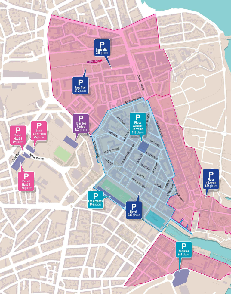 Emplacement des parkings dans le centre-ville de Lorient (Morbihan)