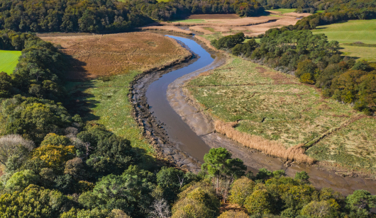 Quéven, les Paluds, à la croisée du Scave et du Scorff, rivière et vasières à marée basse entre Quéven et Caudan.