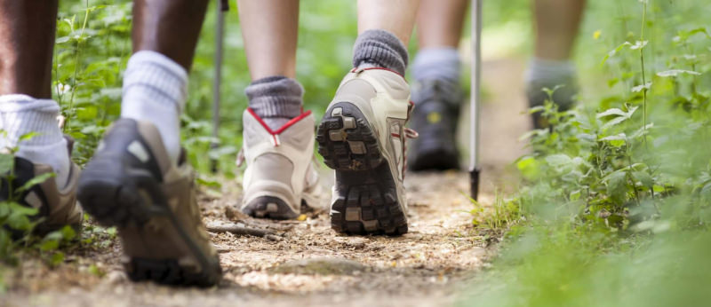 Gros plan sur les chaussures d'un groupe de randonneurs en marche.