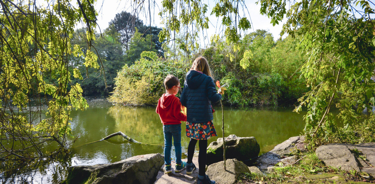 Enfants en randonnée au bord de l'étang du parc du Plessis de Lanester, Morbihan