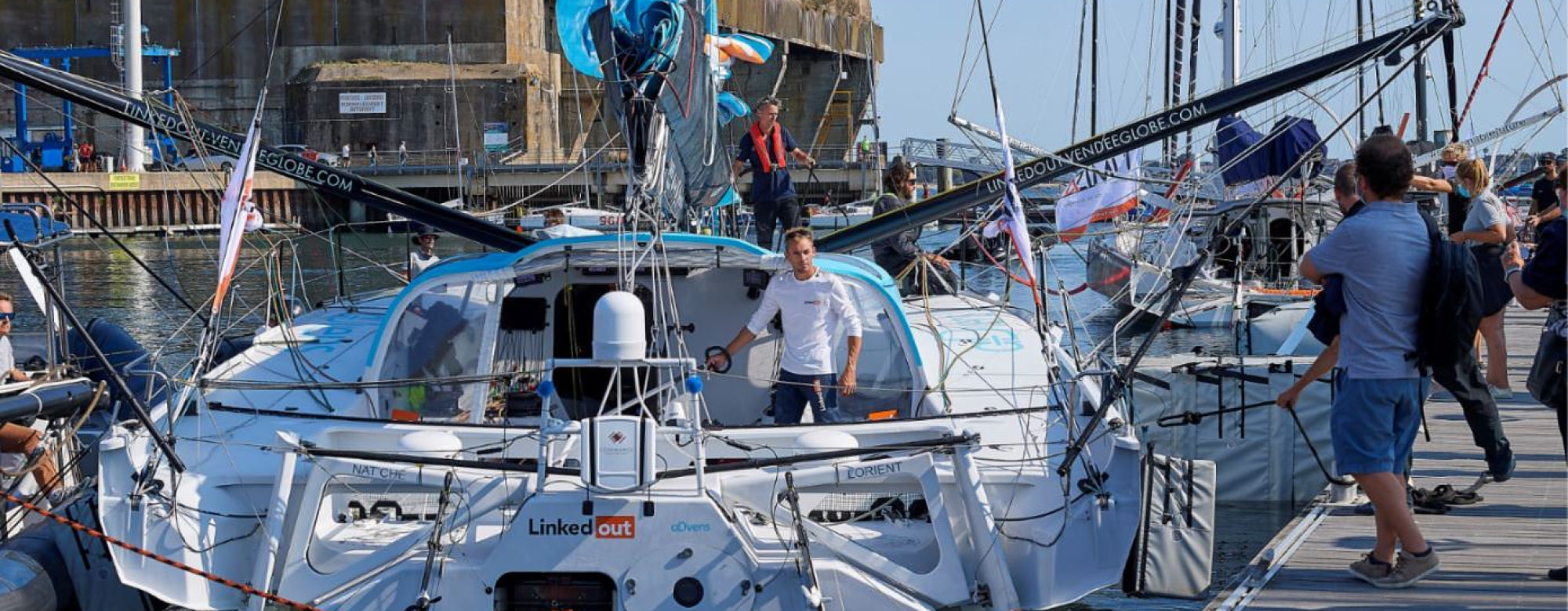 Lorient La Base, ambiance sur les pontons e avec Thomas Ruyant sur son Imoca Linkeout durant la course de l'Atlantique le Télégramme